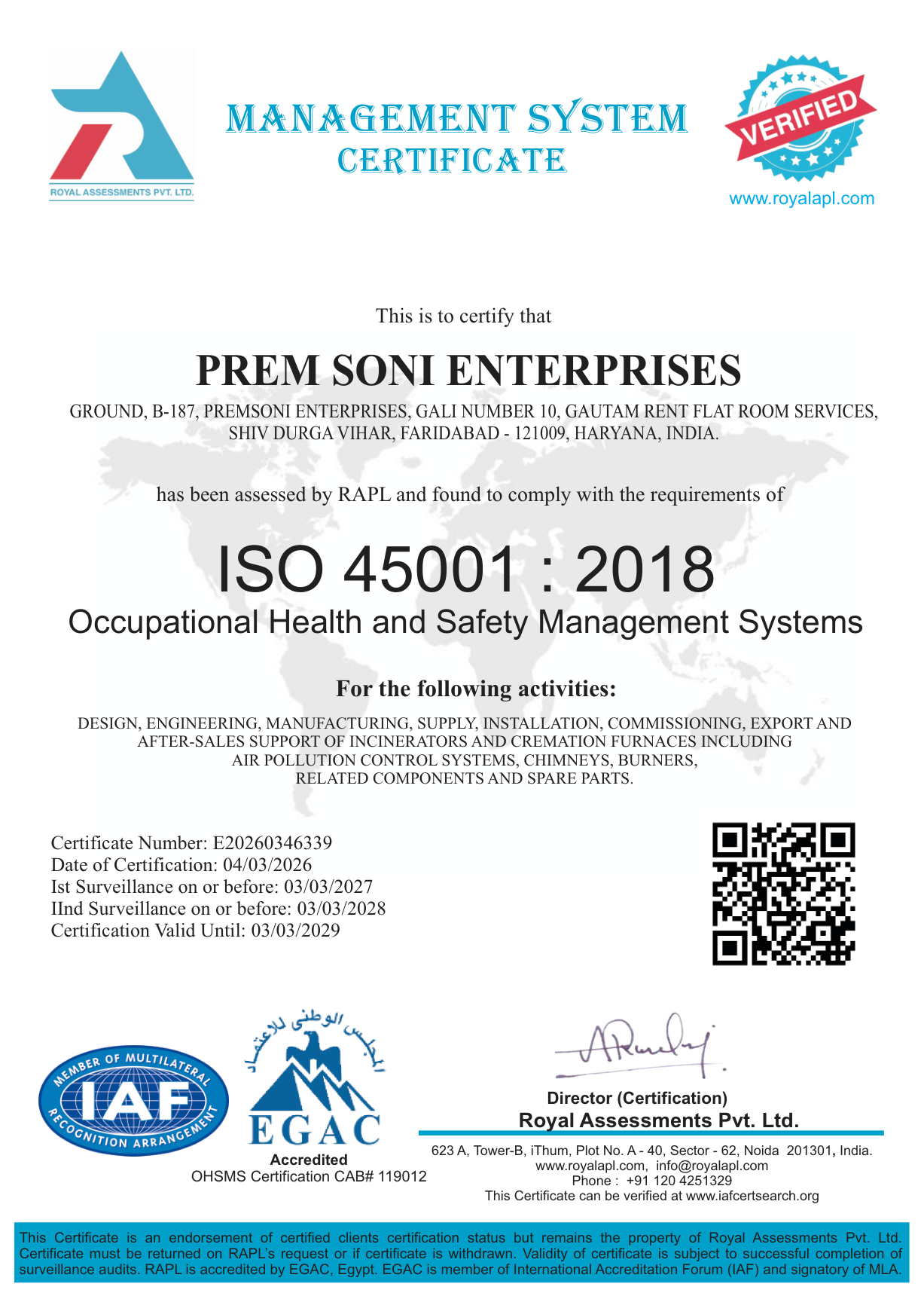PS Enterprises ISO 45001:2018 Occupational Health and Safety Management Systems certificate